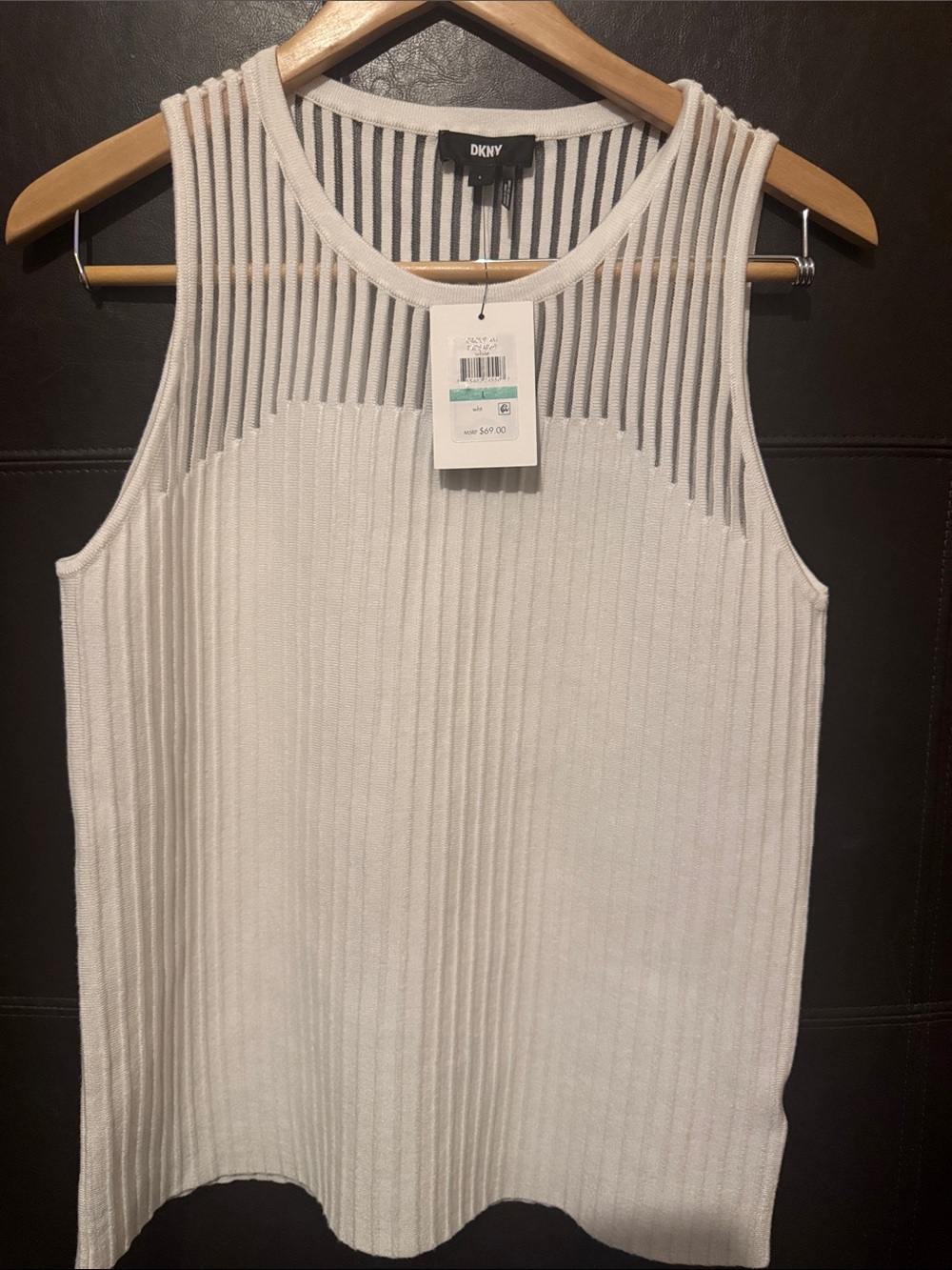 New DKNY White Ribbed Sleeveless Knit Tank Sheer Yarn- Large